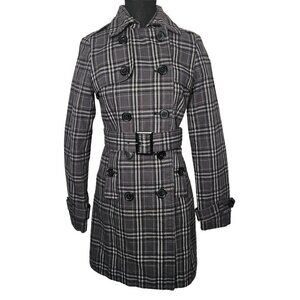 Jacob Plaid Grey Buttoned Double Breasted Belted Trench Coat,  XS